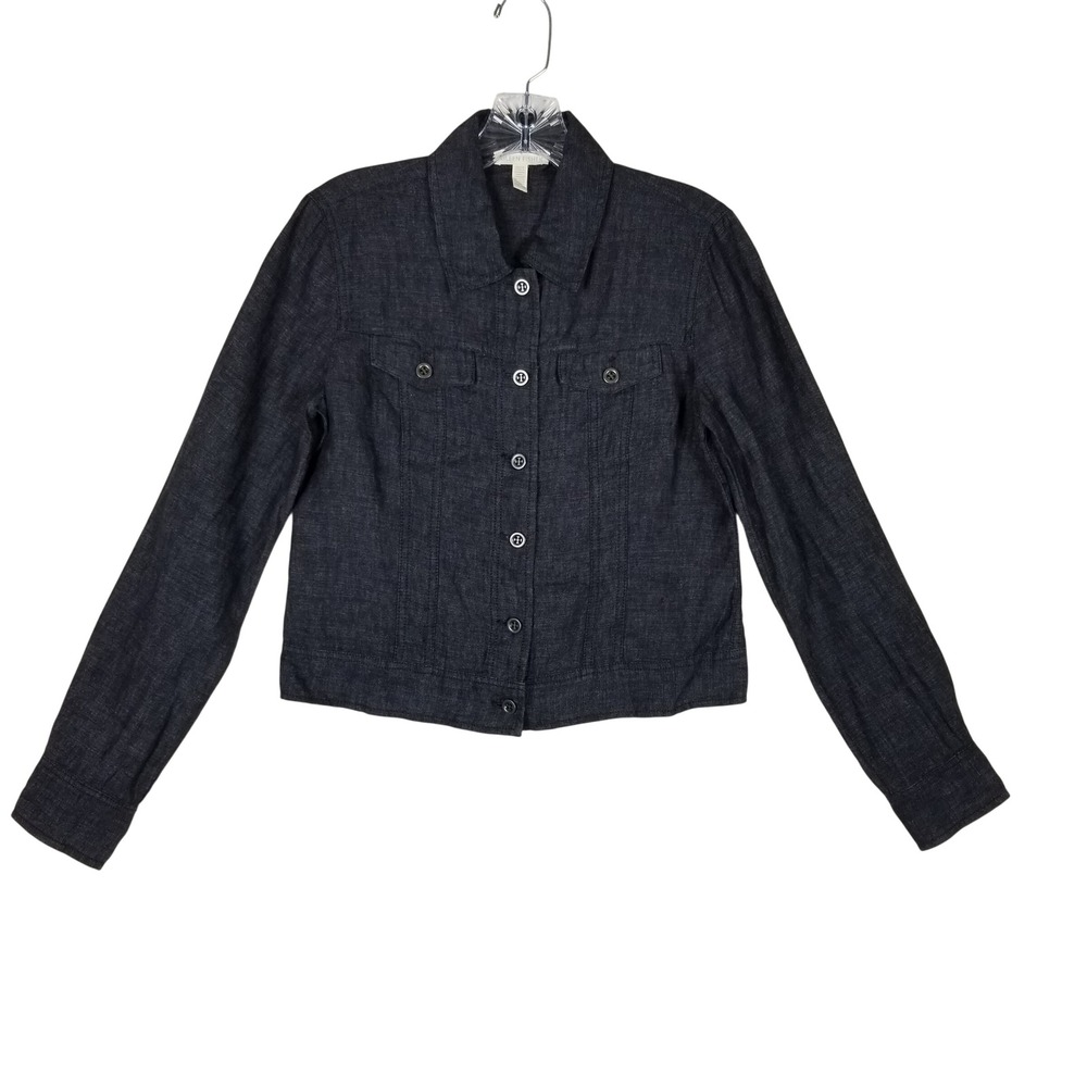 Eileen Fisher Organic Linen Jacket Women XXS Dark Indigo Cropped Button Front